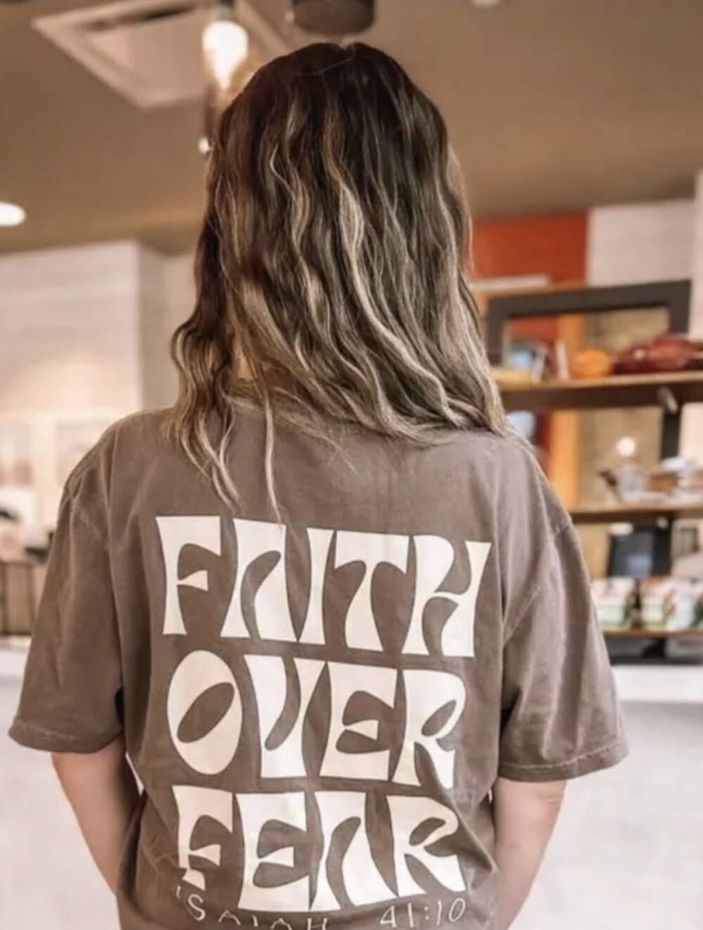 Faith Over Fear Graphic Tee - Brown with White Print